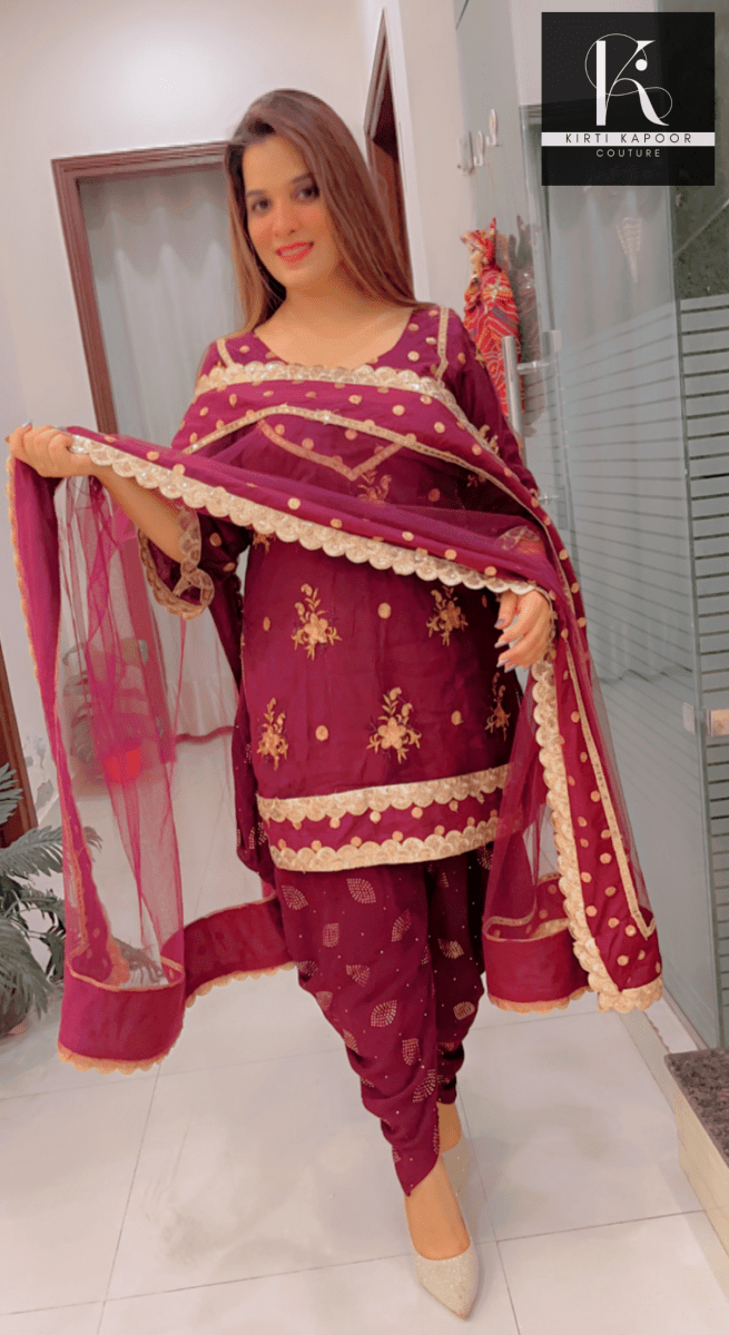 Wine Dhoti Suit With Designer Dupatta - Kirti Kapoor Couture