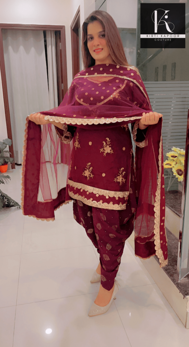 Wine Dhoti Suit With Designer Dupatta - Kirti Kapoor Couture