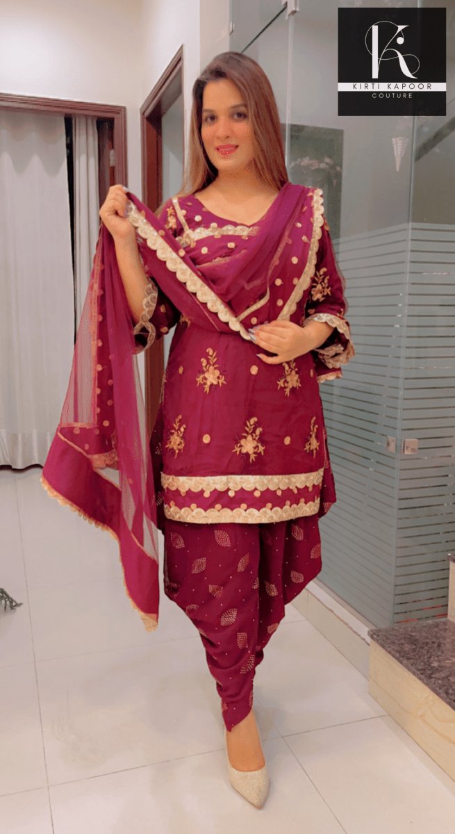 Wine Dhoti Suit With Designer Dupatta - Kirti Kapoor Couture