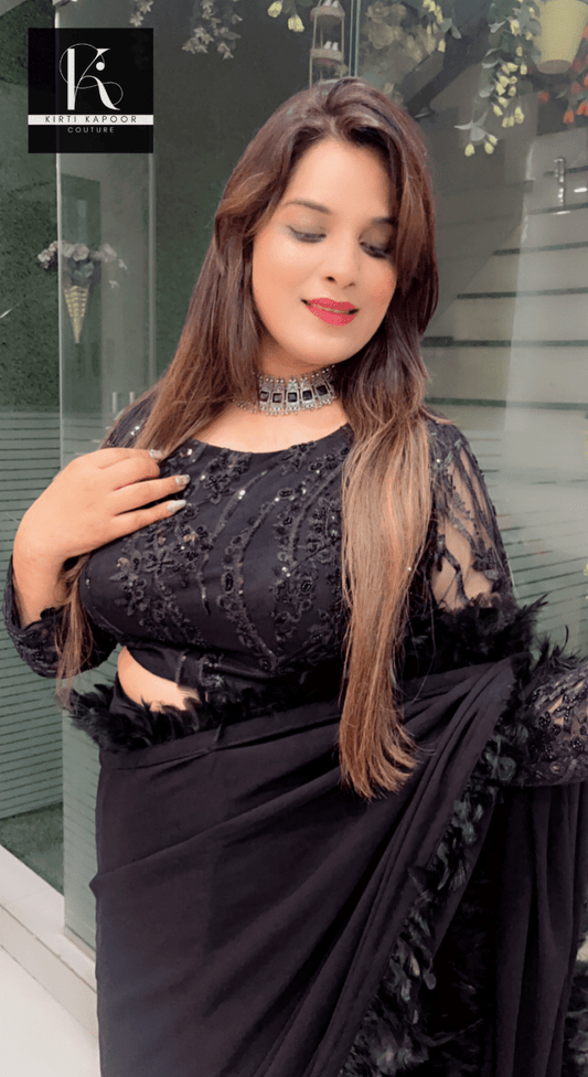 Worked fabric designer blouse with feather lace - worked saree - Kirti Kapoor Couture