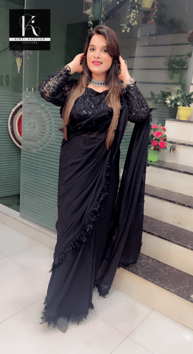Worked fabric designer blouse with feather lace - worked saree - Kirti Kapoor Couture