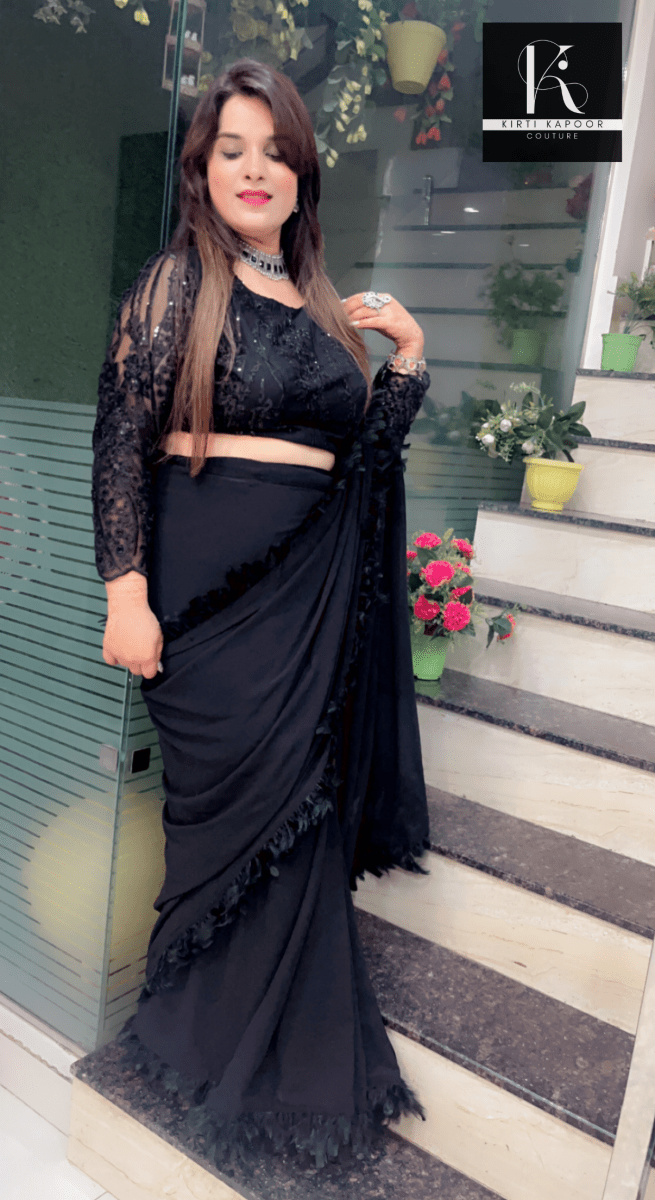 Worked fabric designer blouse with feather lace - worked saree - Kirti Kapoor Couture