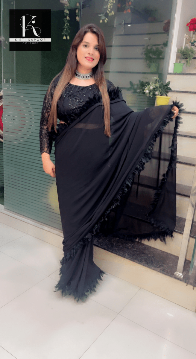 Worked fabric designer blouse with feather lace - worked saree - Kirti Kapoor Couture