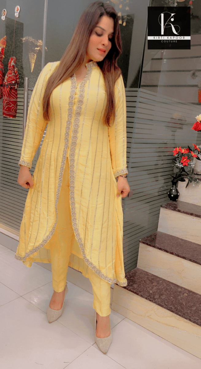 Worked Silk Jacket - Style Suit with Pants - Kirti Kapoor Couture