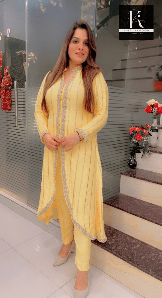 Worked Silk Jacket - Style Suit with Pants - Kirti Kapoor Couture