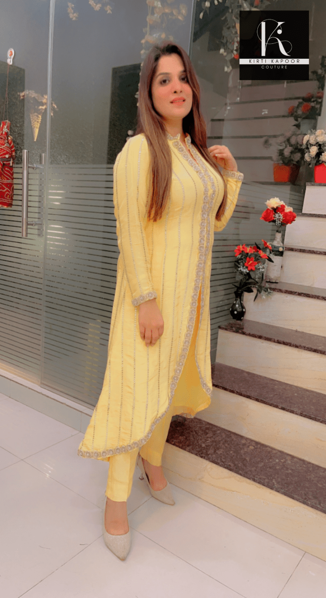 Worked Silk Jacket - Style Suit with Pants - Kirti Kapoor Couture