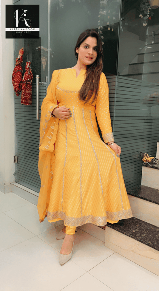 Yellow Brocade Anarkali Suit - Kirti Kapoor Couture