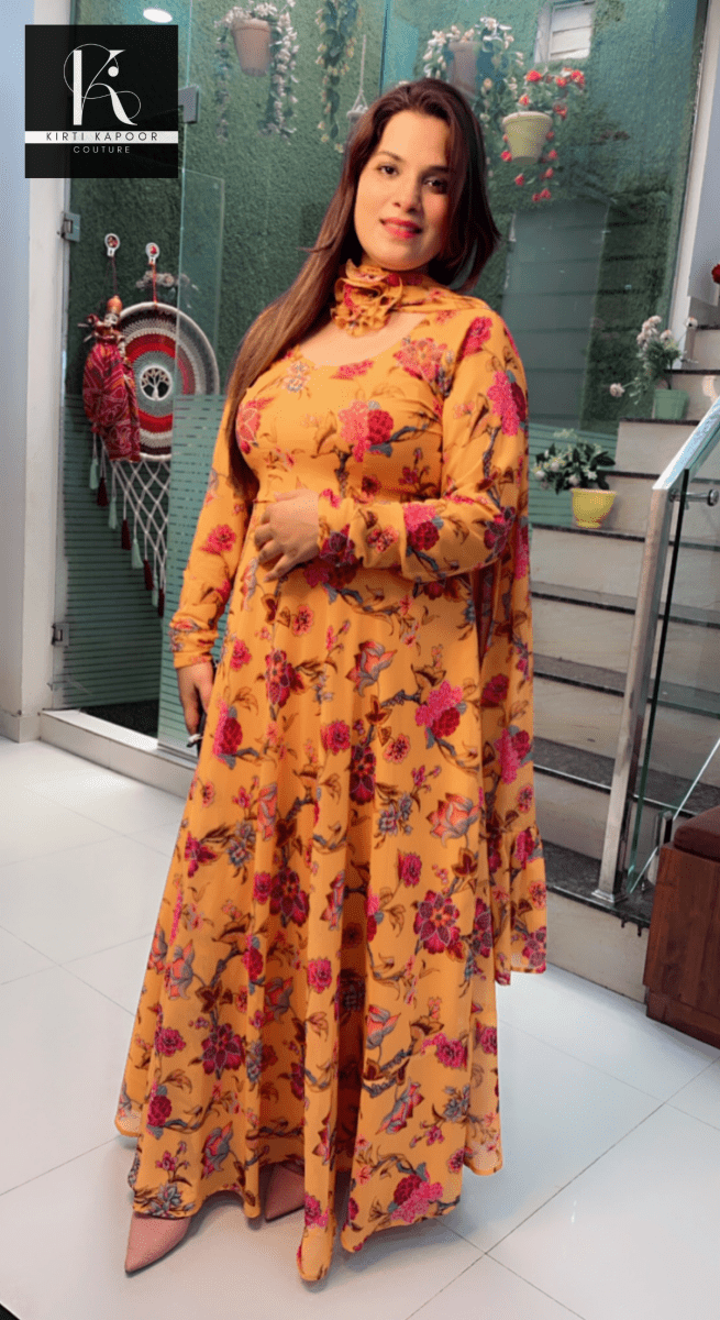 Yellow Georgette Printed Gown with Designer Dupatta - Kirti Kapoor Couture