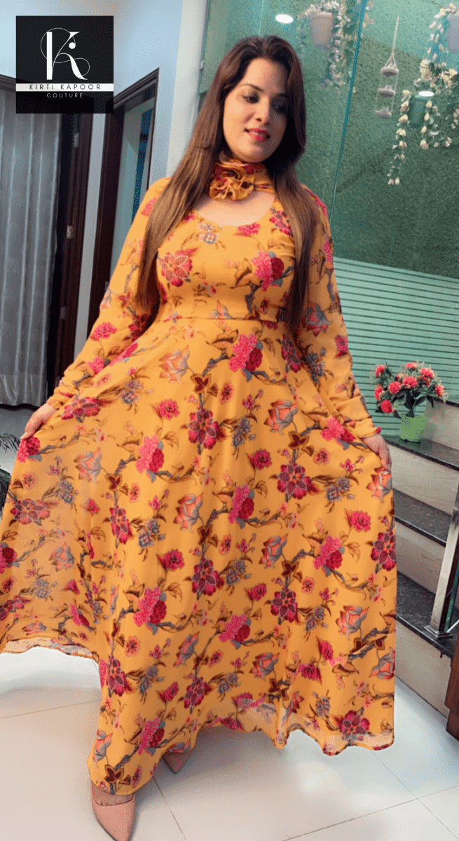 Yellow Georgette Printed Gown with Designer Dupatta - Kirti Kapoor Couture