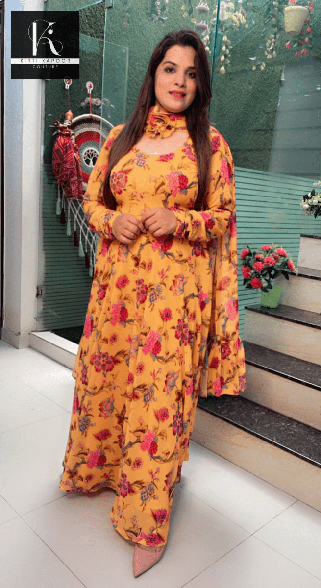Yellow Georgette Printed Gown with Designer Dupatta - Kirti Kapoor Couture
