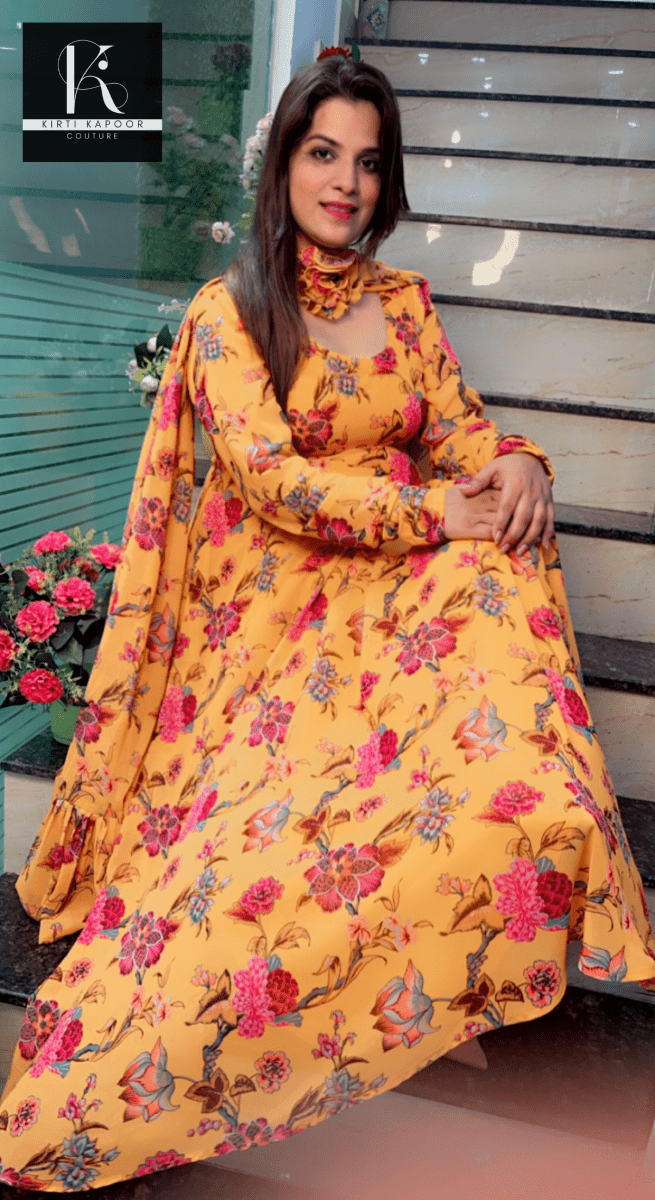 Yellow Georgette Printed Gown with Designer Dupatta - Kirti Kapoor Couture