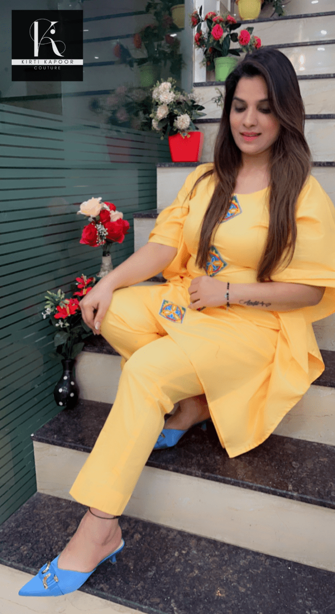 Yellow Kaftan with Matching Pant (Contrasting Blue Patch - Work) - Kirti Kapoor Couture