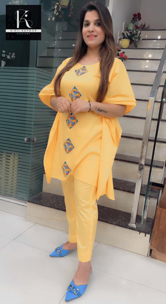 Yellow Kaftan with Matching Pant (Contrasting Blue Patch - Work) - Kirti Kapoor Couture