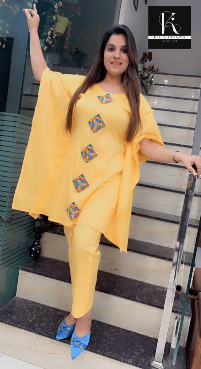 Yellow Kaftan with Matching Pant (Contrasting Blue Patch - Work) - Kirti Kapoor Couture