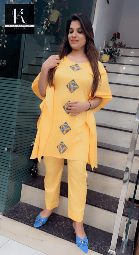 Yellow Kaftan with Matching Pant (Contrasting Blue Patch - Work) - Kirti Kapoor Couture
