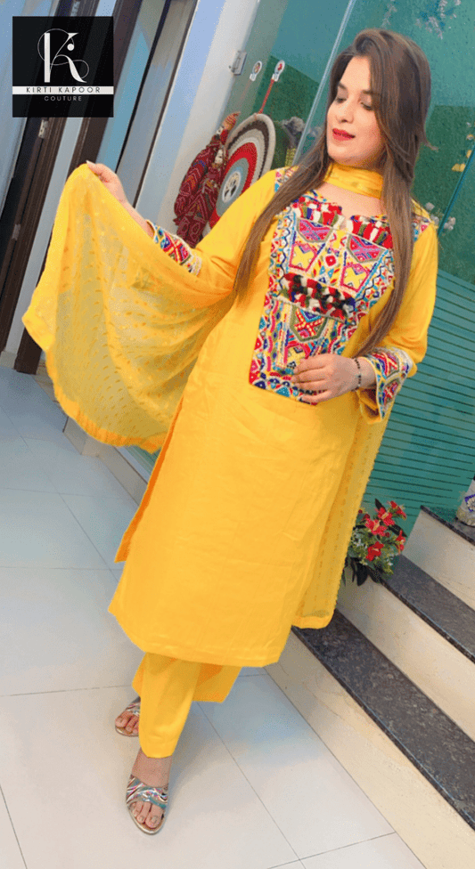 Yellow Multi - Colored Worked Suit with Dotted Dupatta - Kirti Kapoor Couture