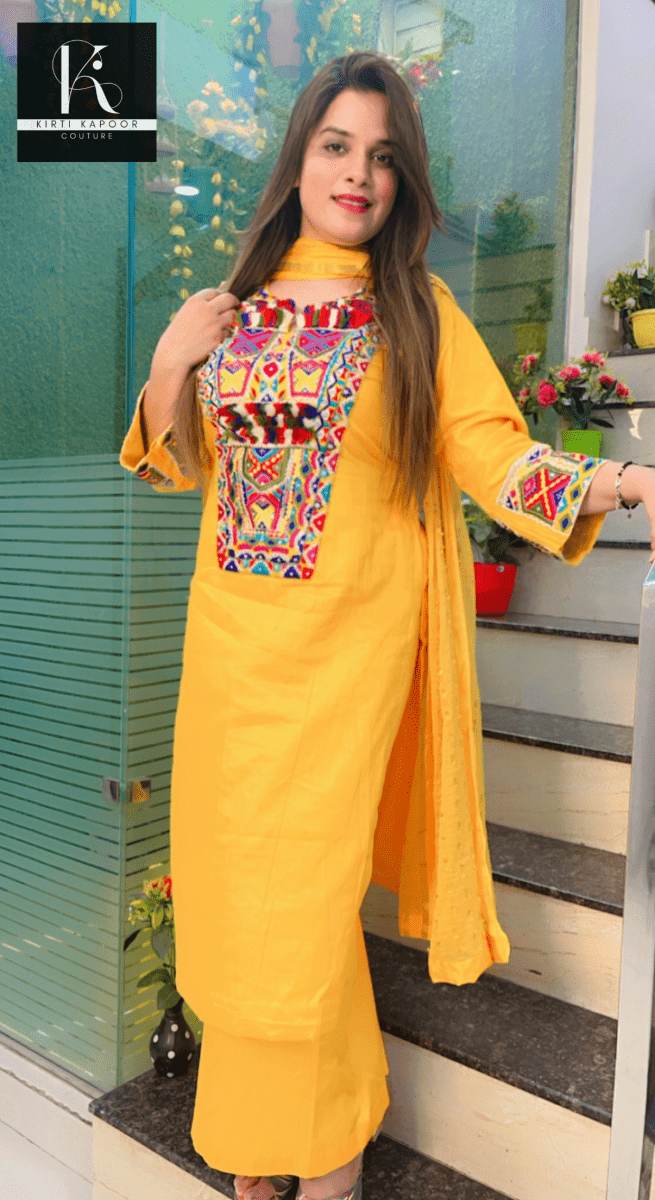 Yellow Multi - Colored Worked Suit with Dotted Dupatta - Kirti Kapoor Couture