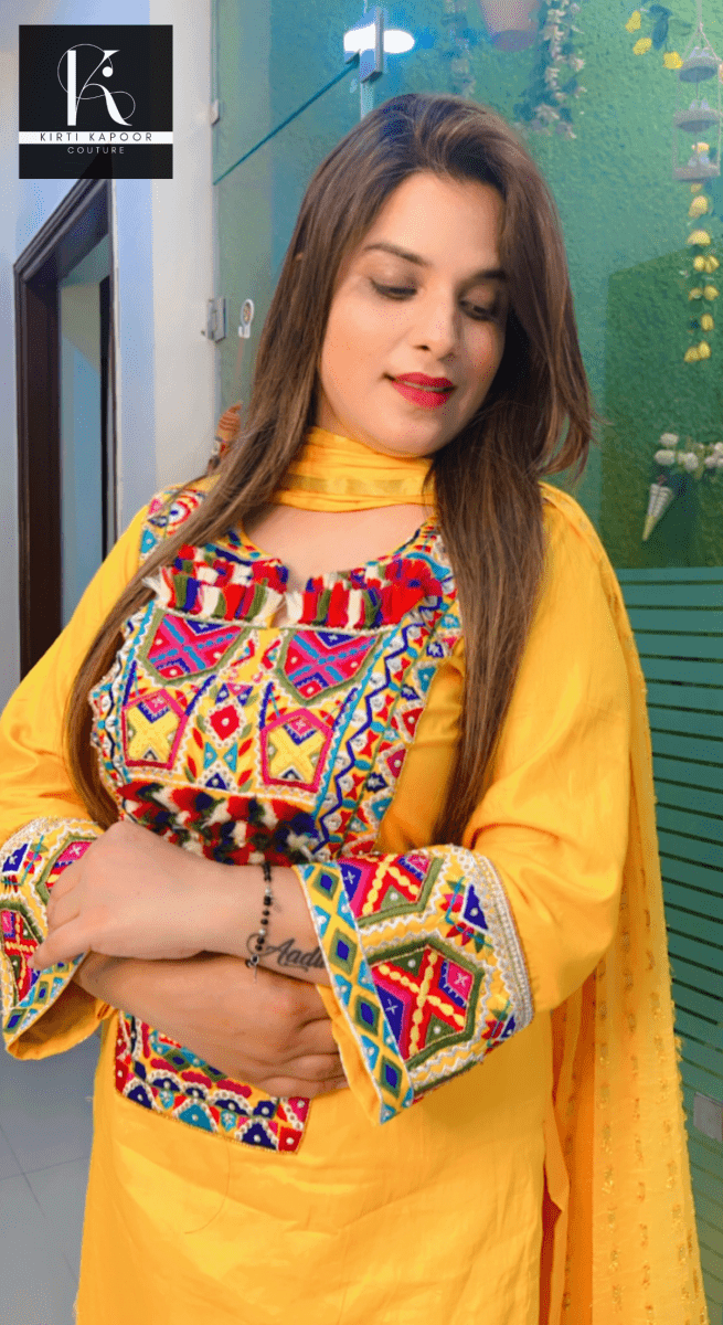 Yellow Multi - Colored Worked Suit with Dotted Dupatta - Kirti Kapoor Couture