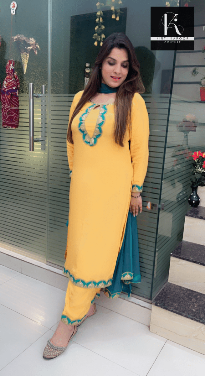 Yellow Pant Suit with Cyan Blue Highlights - Kirti Kapoor Couture