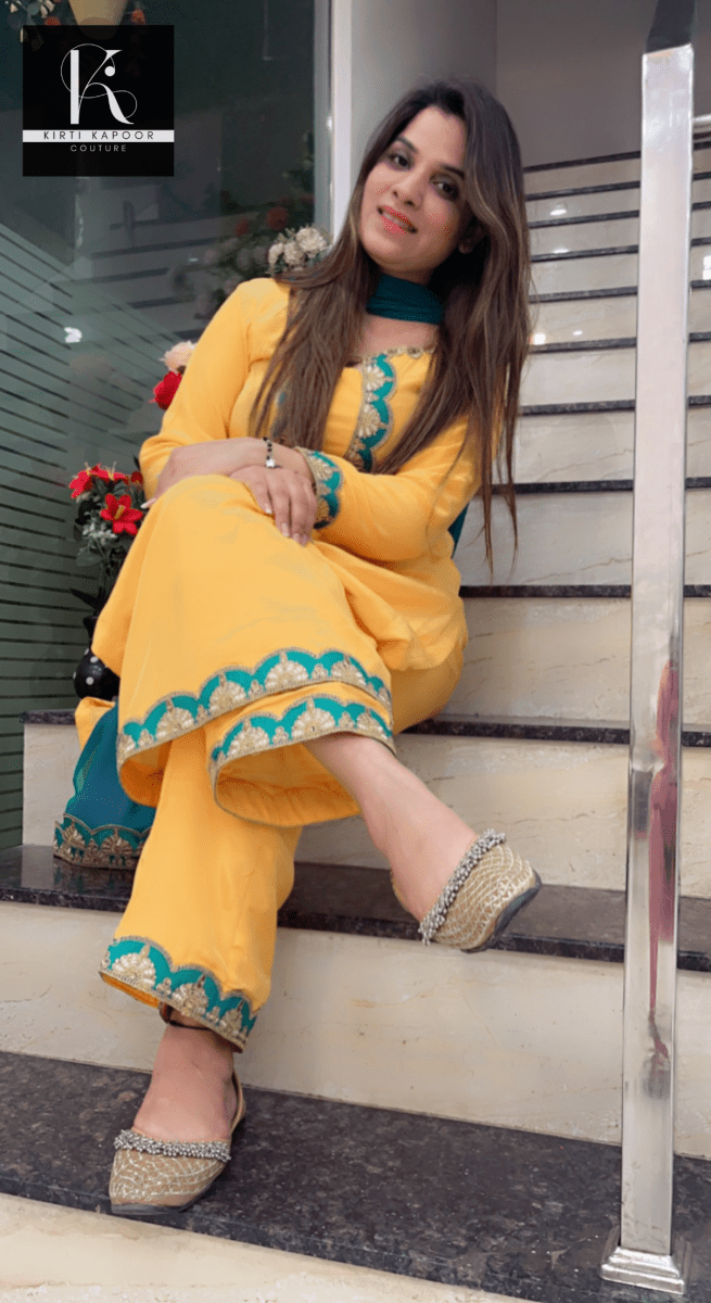 Yellow Pant Suit with Cyan Blue Highlights - Kirti Kapoor Couture