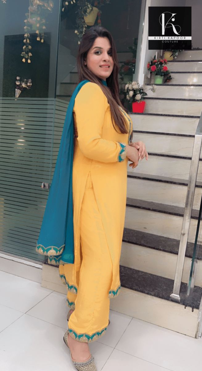 Yellow Pant Suit with Cyan Blue Highlights - Kirti Kapoor Couture