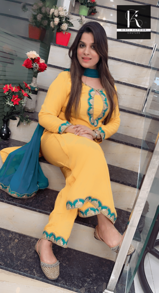 Yellow Pant Suit with Cyan Blue Highlights - Kirti Kapoor Couture