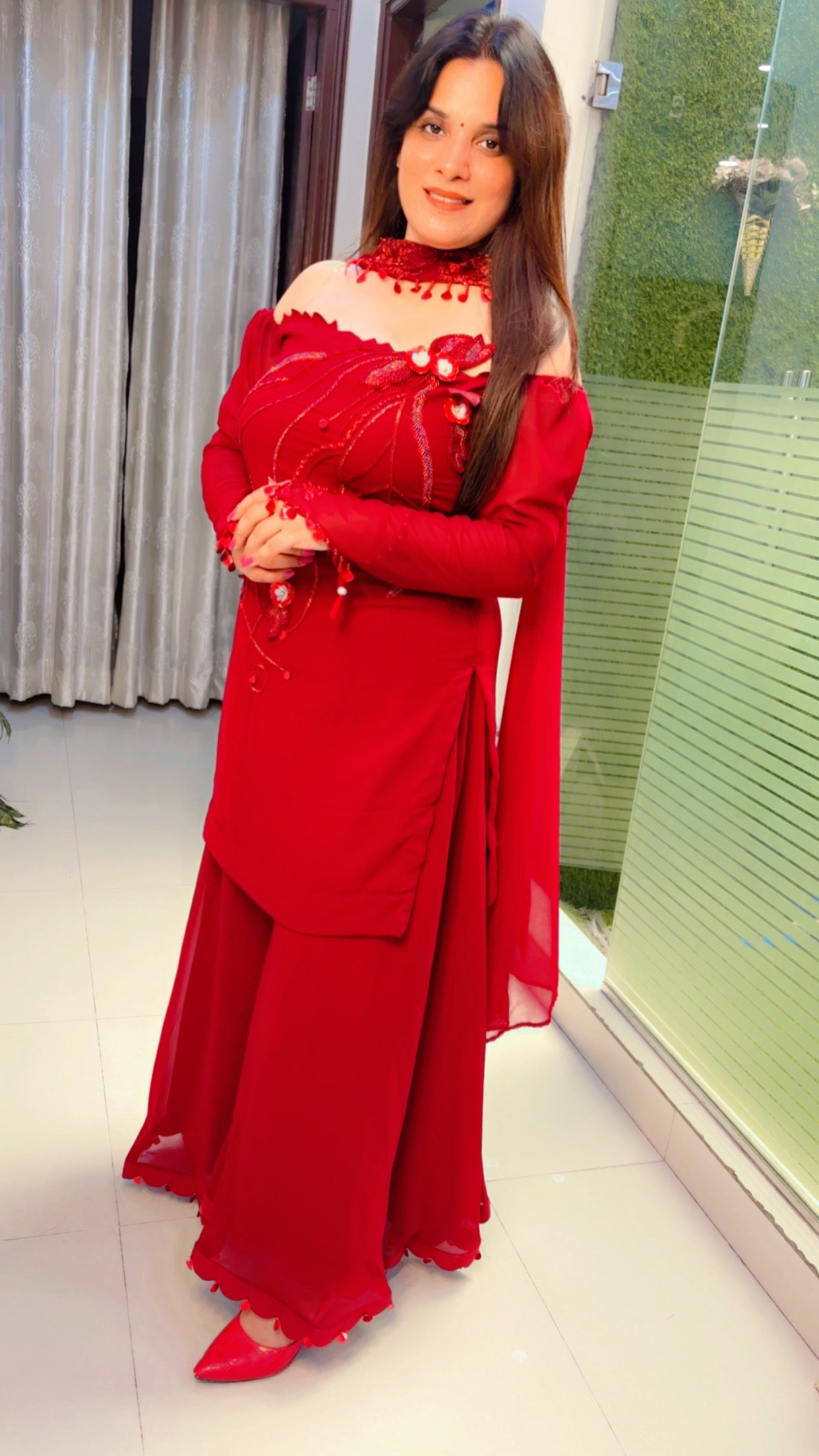 Maroon Embroidered Bridal Trousseau Palazzo Suit
