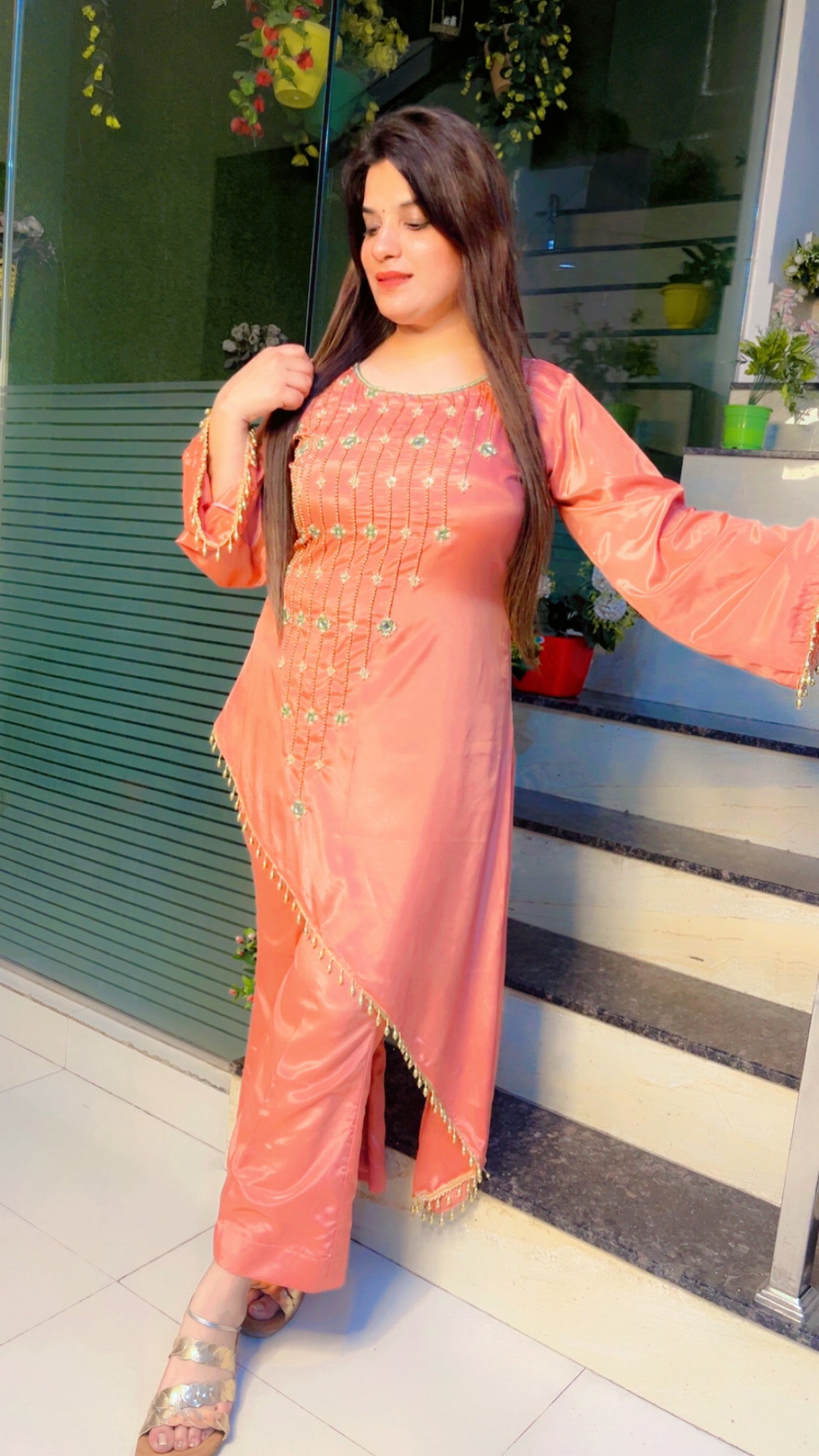 Peach Pink Hand Embroidered Kurti Set (KS006)