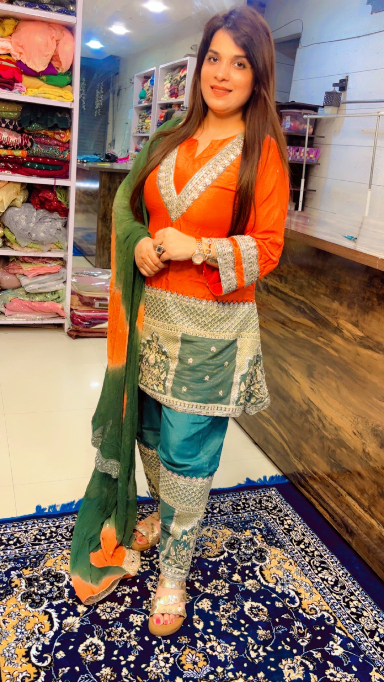 Orange And Green Designer Partywear Suit (SS001)