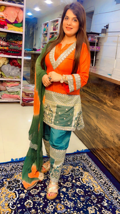 Orange And Green Designer Partywear Suit (SS001)