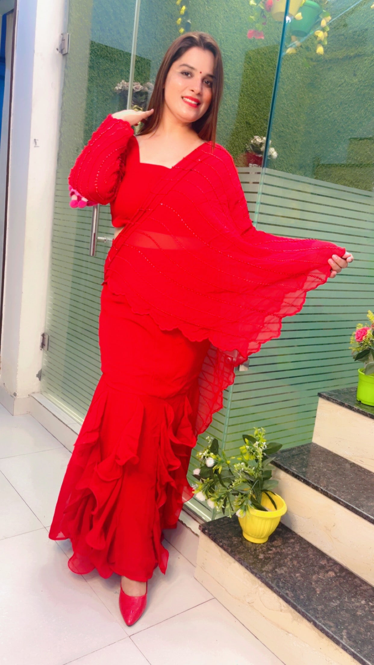 Red Embroidered Drape Saree (SR016)