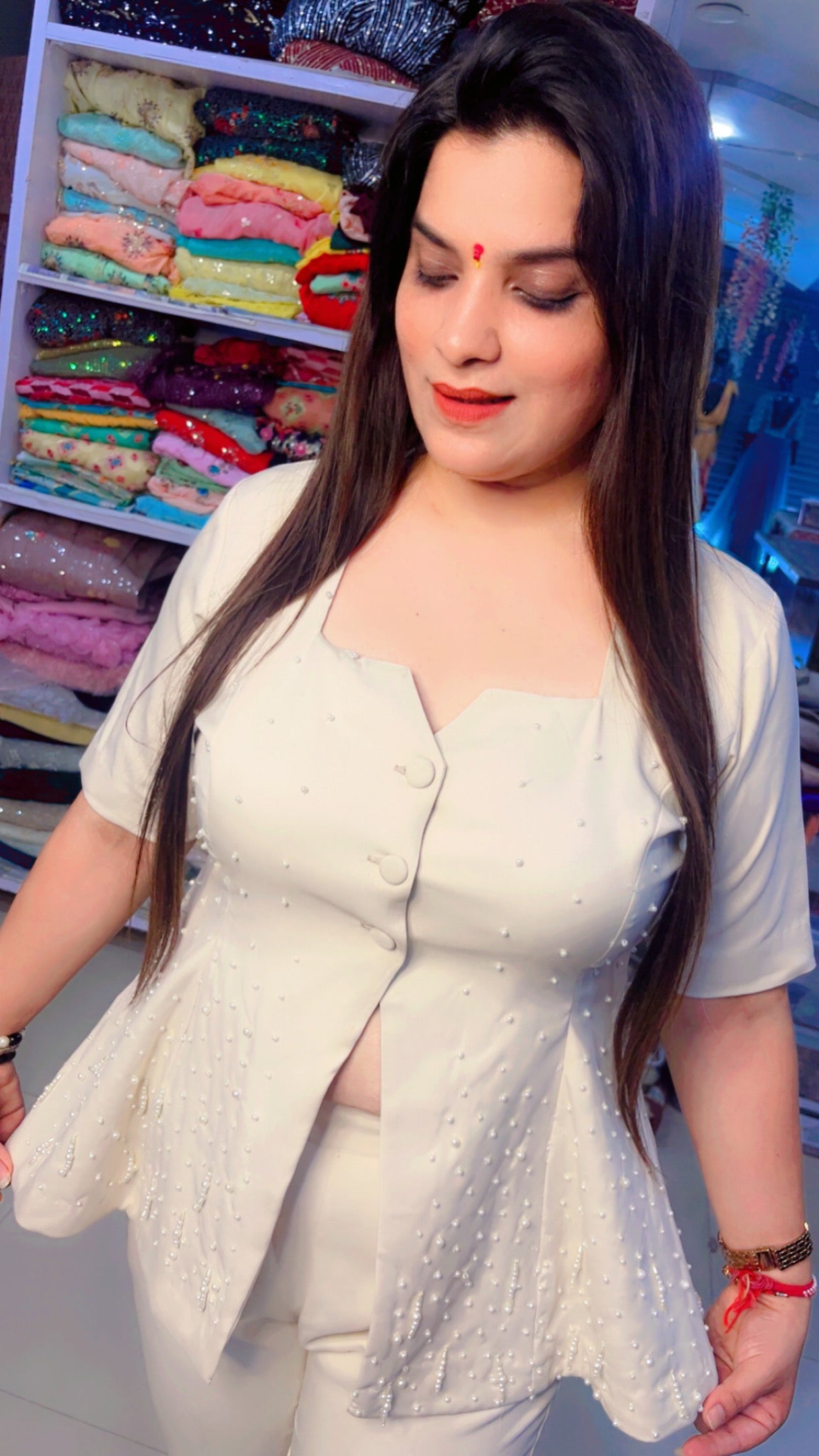 Ivory Banana Crepe Hand-Embroidered Formal Wear Co-Ord Set (CS)