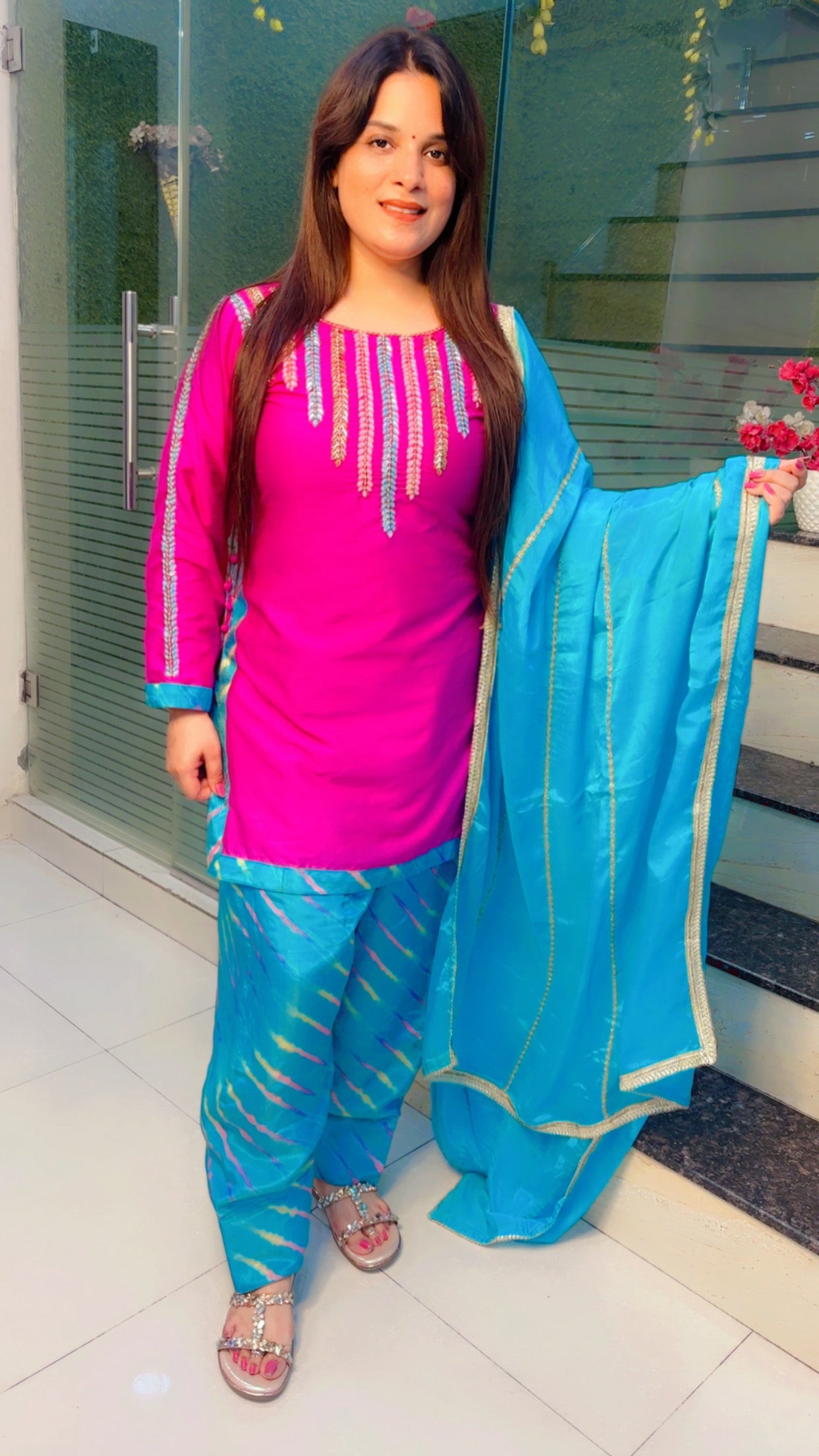 Hot Pink And Turquoise Blue Farshi Salwar Suit with Dupatta