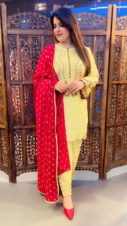 Yellow Silk Pant Suit With Chinon Dupatta For Haldi Function