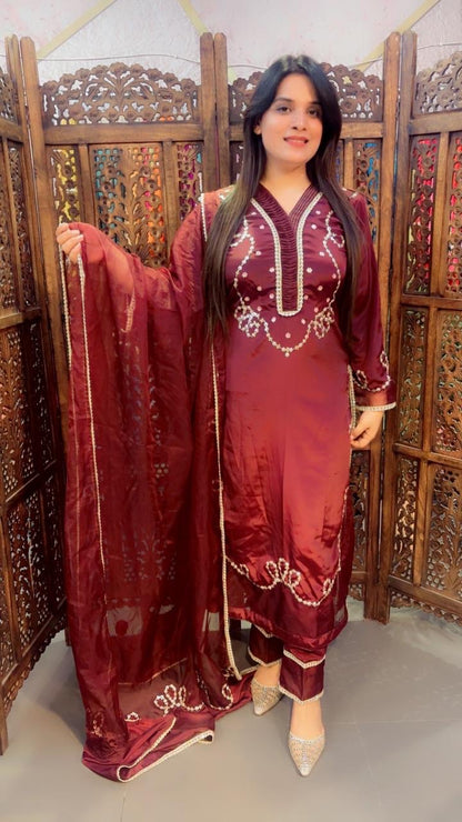 Hand Work Crepe Pakistani Suit In Dark Brown