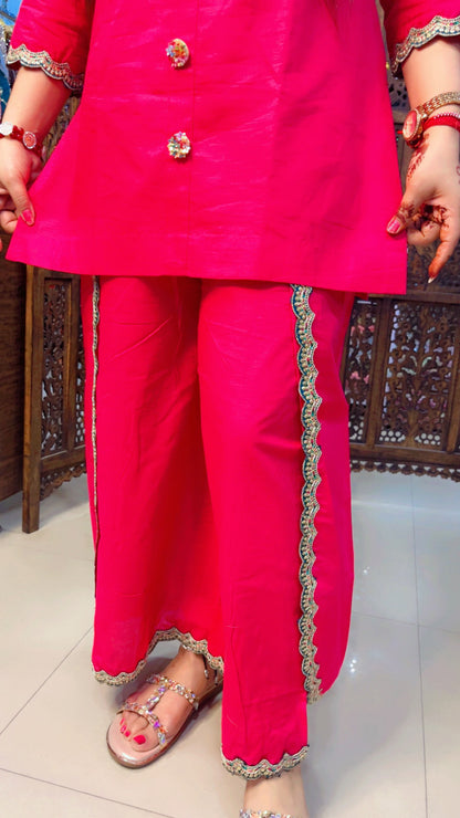 Hot Pink Linen Fabric Solid Print Festive Look Short Kurti And Over Lapped Palazzo With Embroidered Jacket (JS001)