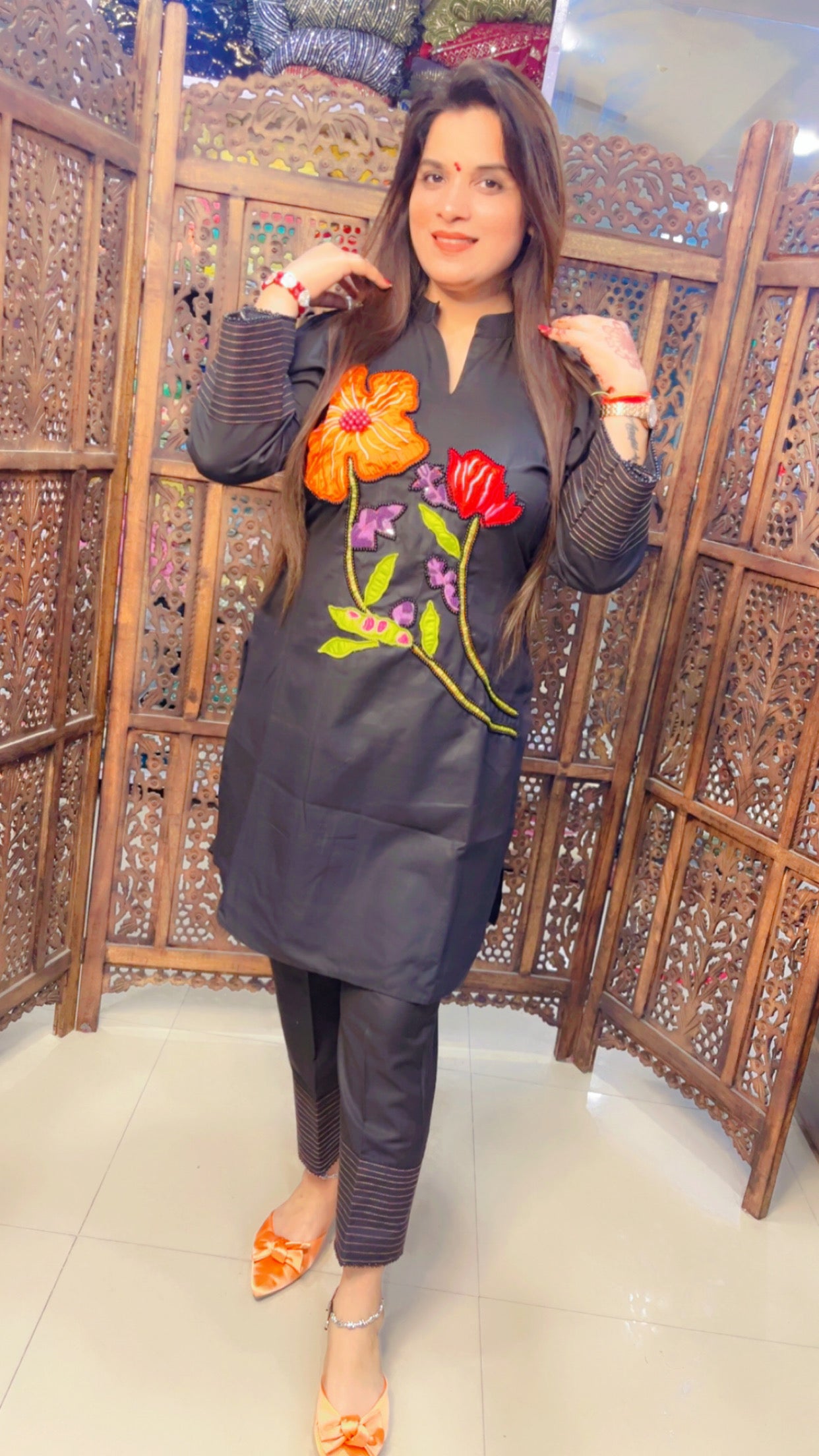 Embroidered Black Cotton Patch Work Co-Ord Set (KS027)