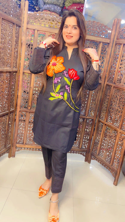 Embroidered Black Cotton Patch Work Co-Ord Set (KS027)