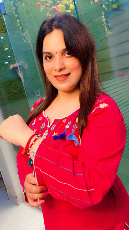 Pink Thread Worked Kurti With Tassels And Matching Pant (KS074)