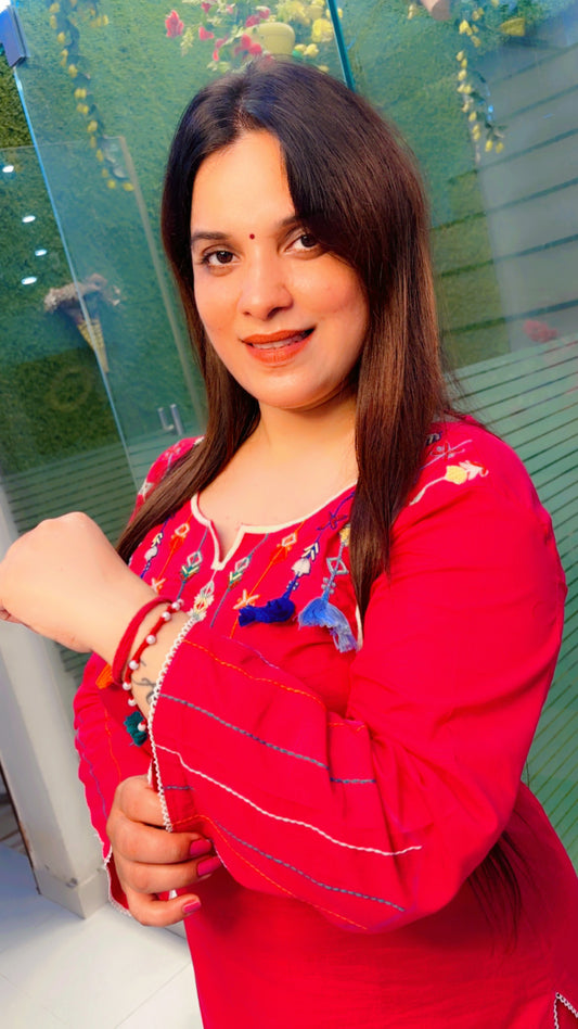 Pink Thread Worked Kurti With Tassels And Matching Pant (KS074)
