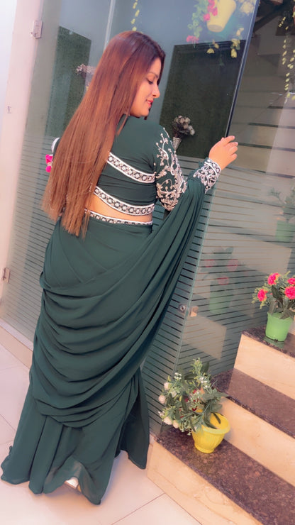 Bottle Green Wedding Wear Drape Dress (DD001)