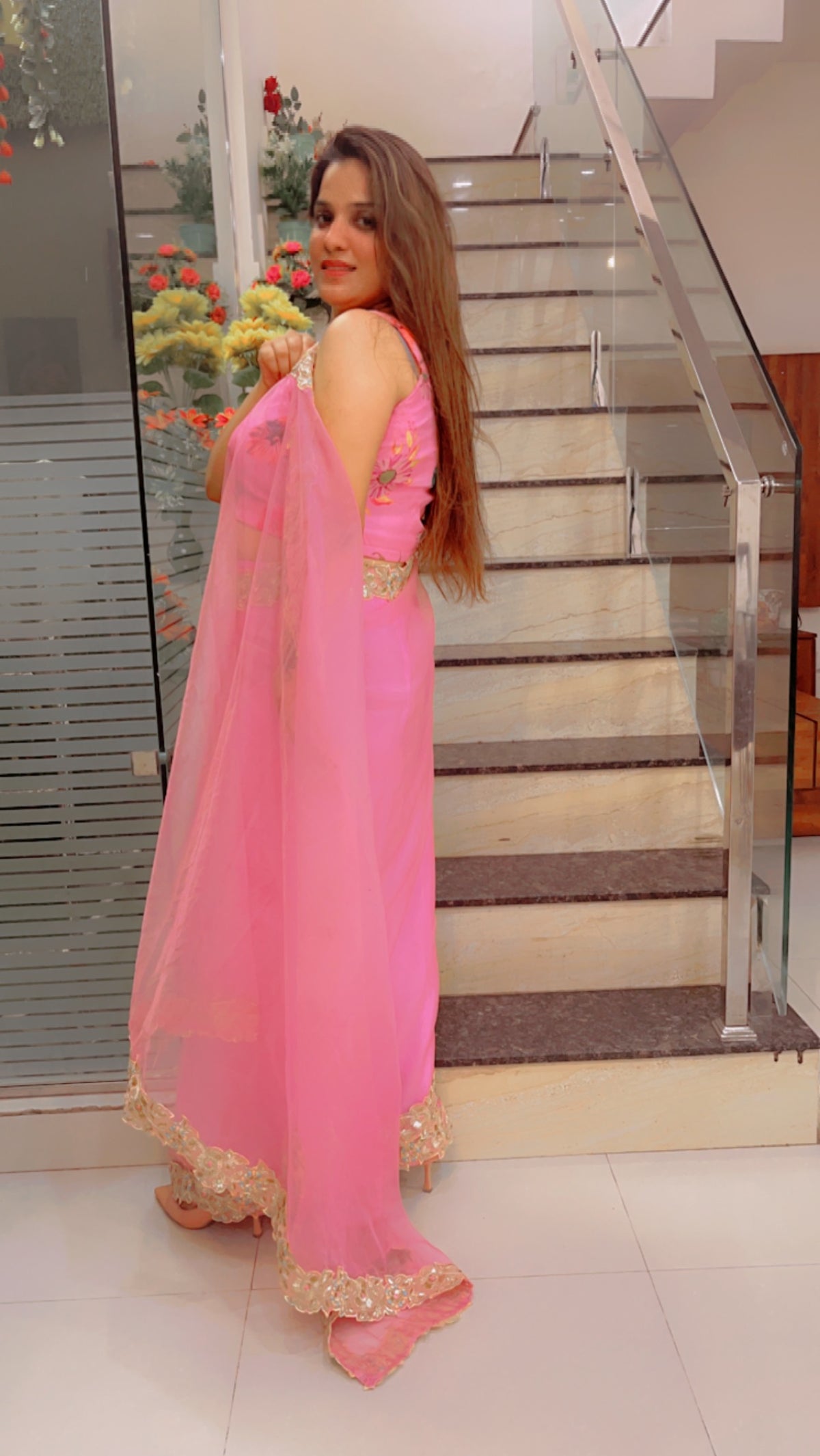 Light Pink Laceworked Saree For Summers (SR022)