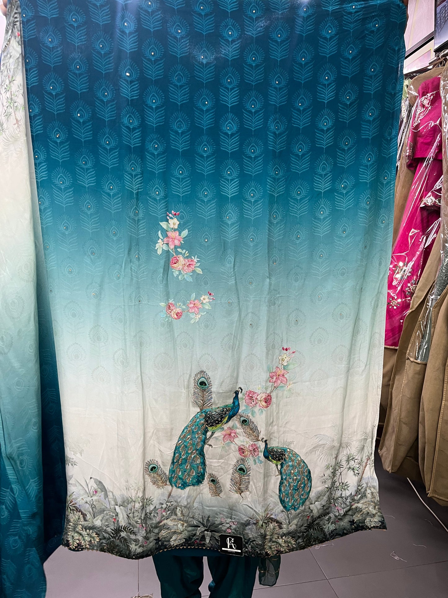 Peacock Print Unstitched Suit Material with Dupatta