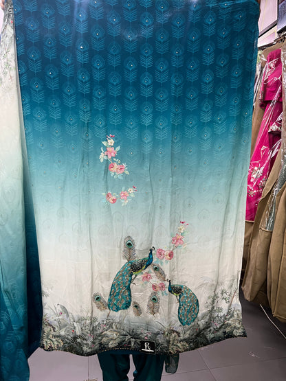 Peacock Print Unstitched Suit Material with Dupatta
