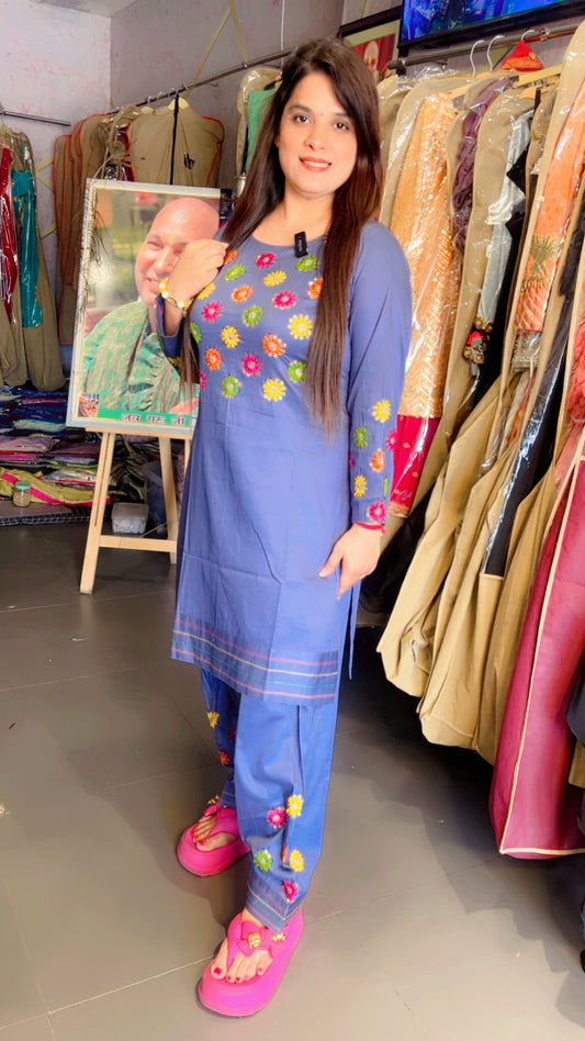 Grey Cotton Designer Hand Embroidered Co-Ord Set For Women (CS)