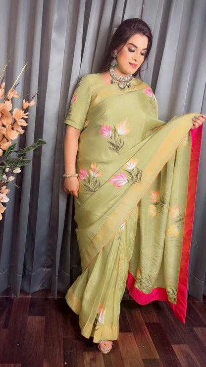 Parrot Hand Painted Saree - Shimmer Silk Saree (SR002)