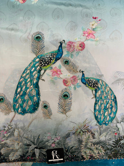 Peacock Print Unstitched Suit Material with Dupatta