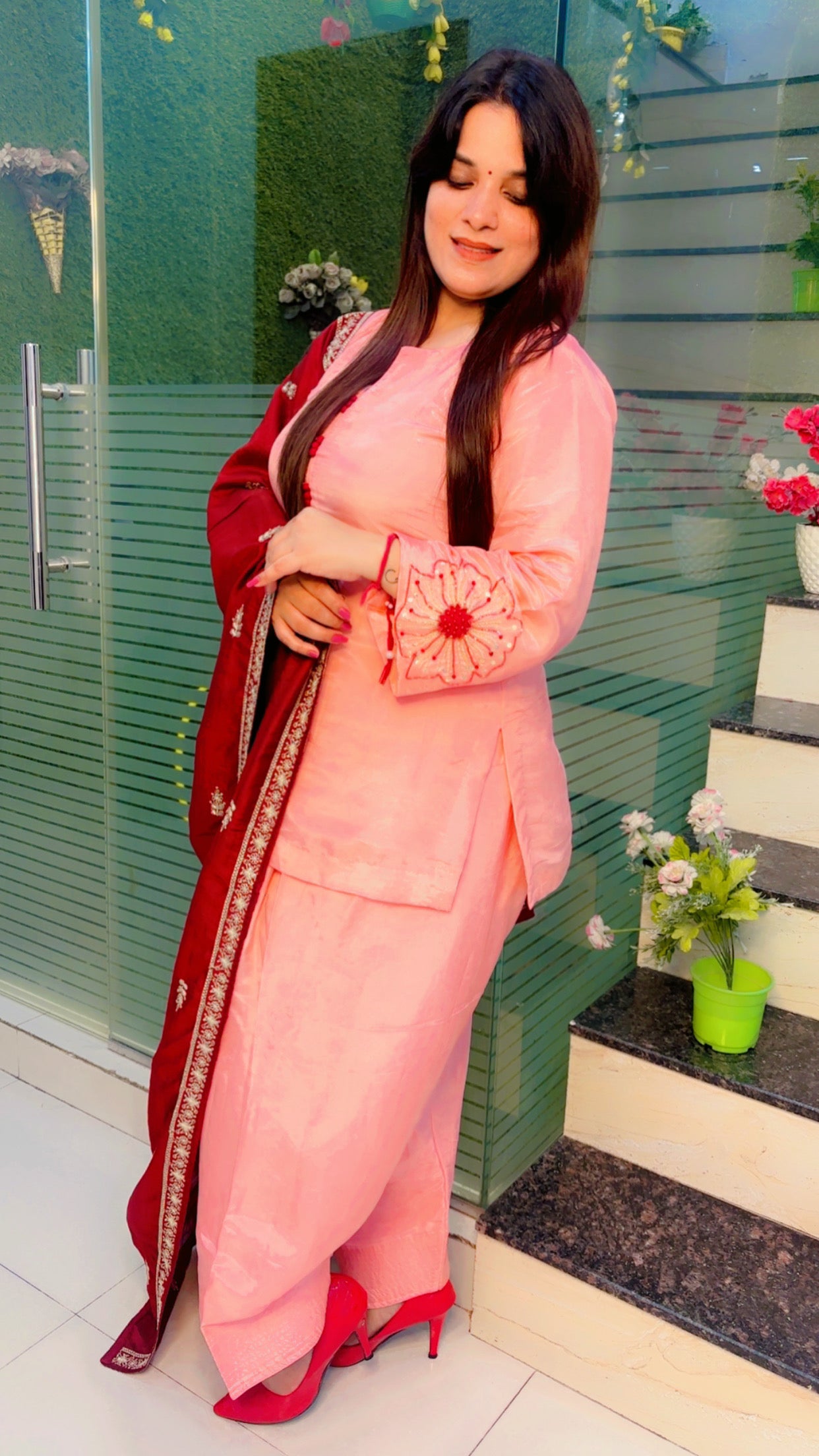 Peach Hand and Patch Worked Silk Farshi Salwar Suit with Dupatta