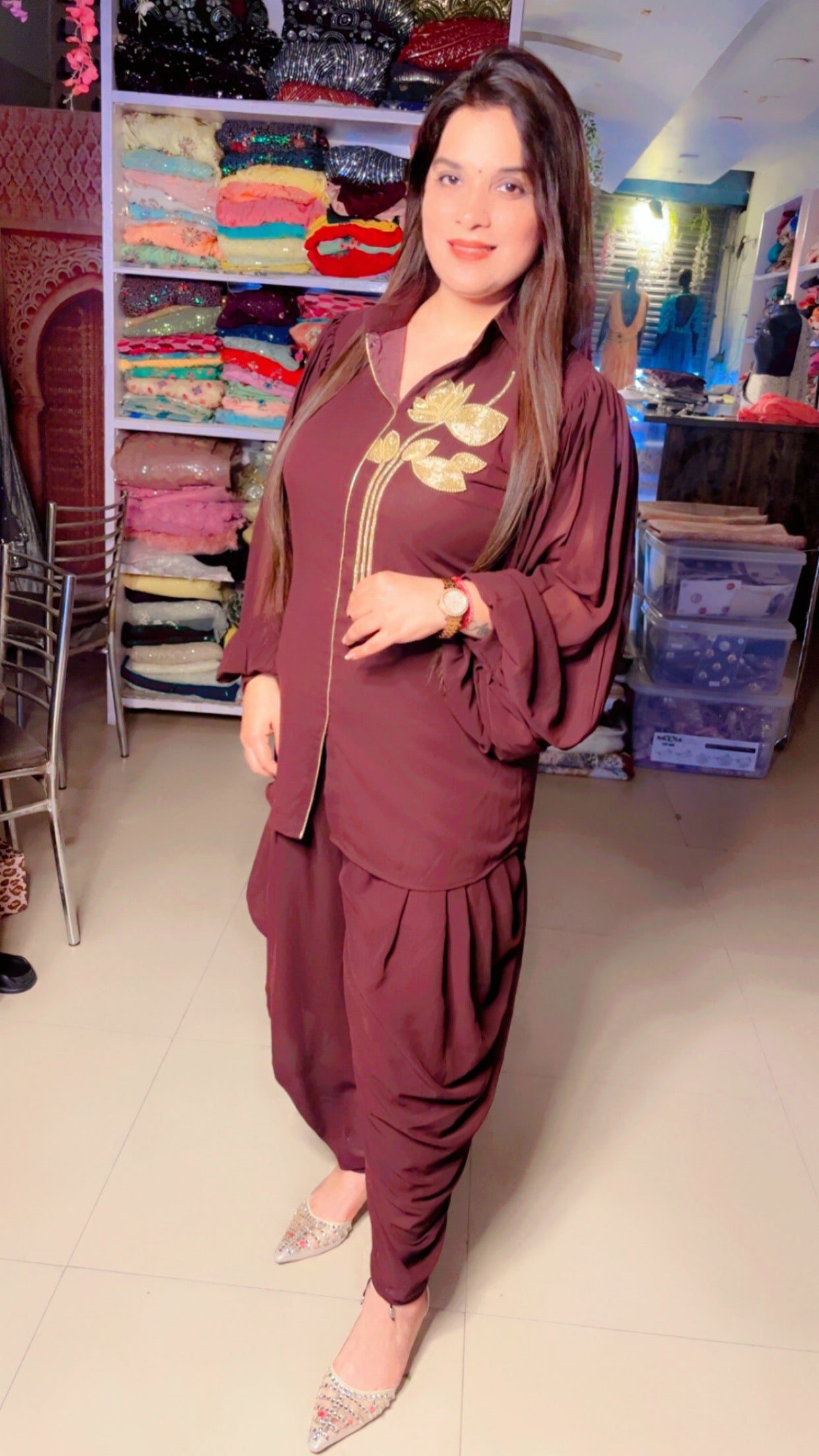 Brown Georgette Designer Hand Embroidered Short Kurta And Dhoti Salwar Set (DS)