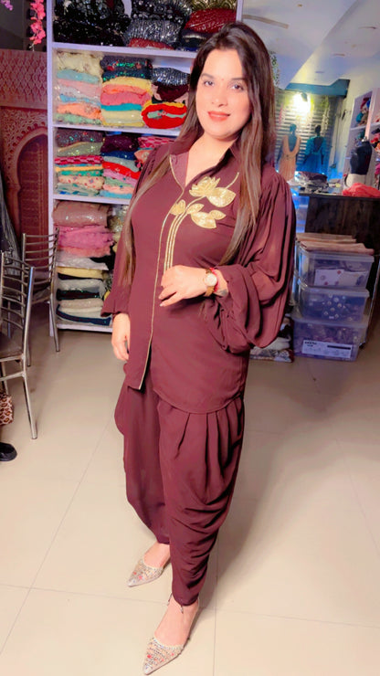 Brown Georgette Designer Hand Embroidered Short Kurta And Dhoti Salwar Set (DS)